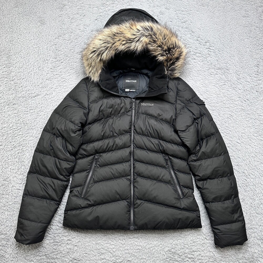 Marmot Down Puffer Jacket Womens Small Black 700 Fill Hooded Faux Fur